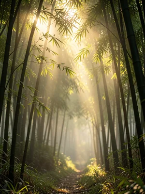 Misty bamboo grove with shafts of light cutting through the canopy