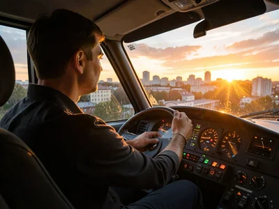 Bus driver at wheel during sunrise, rim light flooding through windshield, dashb