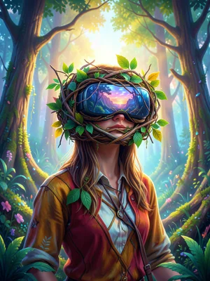 VR headset made of woven branches and leaves, person wearing it in a forest