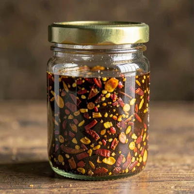 glass jar of fermented chili crisp with the oil layer separated above the solids