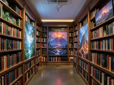 Library but between shelves you can see other worlds — jungle, arctic, volcano
