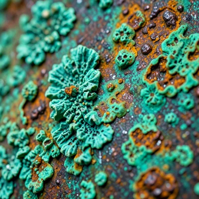 Copper patina extreme closeup, crystal structure of green copper carbonate visib