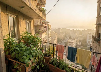 Dusty golden Cairo haze compressing apartment layers, balcony garden with mint a