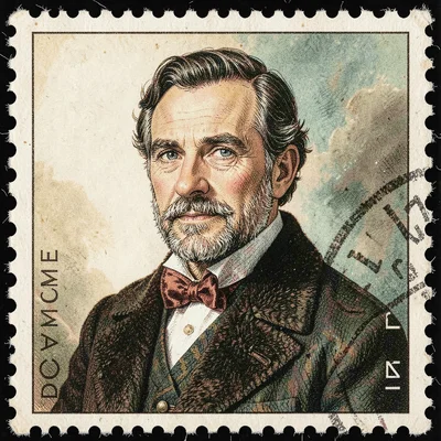 Postage stamp illustration, Famous artist self portrait , tiny perfect compositi
