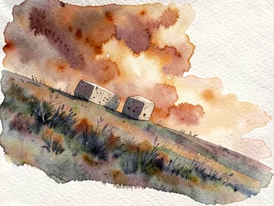 Ash-covered slope sweeps under an ember sky with a single pumice block resting h