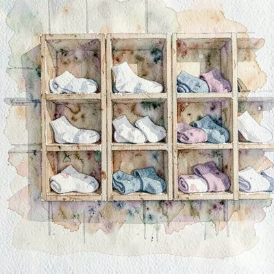 Loose watercolor of a wall of small wooden cubbies filled with paired socks, sal