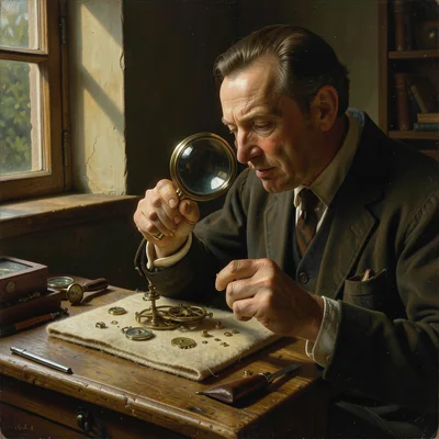 A watchmaker examining a mechanism through a loupe, tiny parts on a felt pad, th