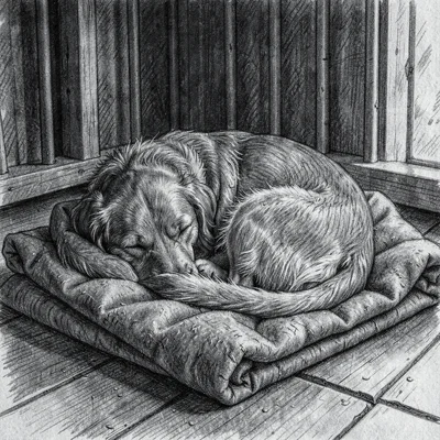 Charcoal sketch of a sleeping dog curled on a folded blanket in a kennel, soft e