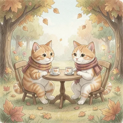 Two cats having tea at a tiny table in a garden, wearing scarves, autumn leaves 