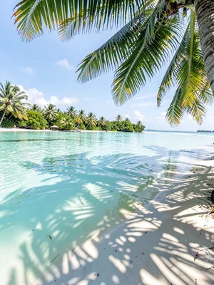 Lagoon turquoise light in Rarotonga, Morning light through palm leaves creating 