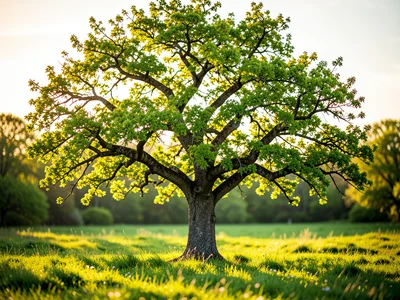 Single ancient oak tree in full spring leaf standing alone in a green meadow
