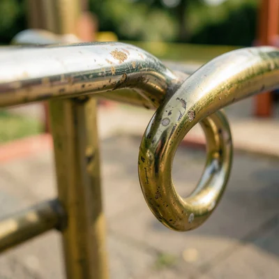 A merry-go-round handle, the chrome plating worn to brass underneath, tiny hand-