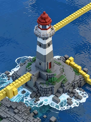A voxel lighthouse on a rocky coast with block waves crashing at its base and be