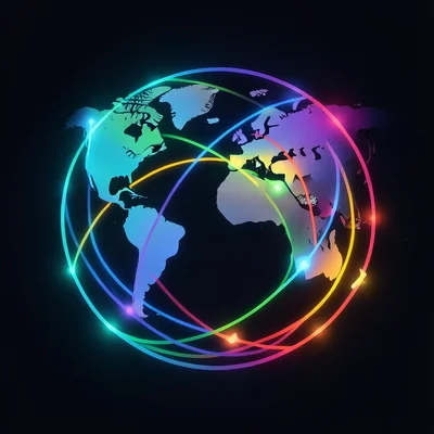 A chord diagram showing migration flows between continents, arcs crossing in a c