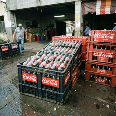 High-energy street photograph, Stacked crates of empty Coca-Cola bottles at depo