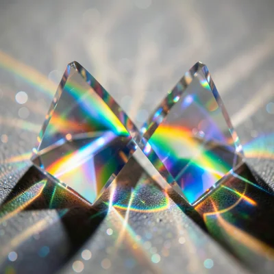 Two prisms facing each other creating a loop of refracted light, overlapping spe