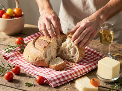 Hands breaking apart fresh baguette on checkered cloth, cheese and wine beside