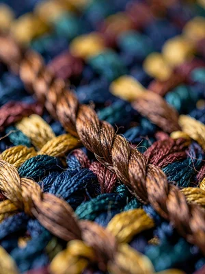 Macro of single walnut-brown silk warp thread at one centimeter shows lustrous f