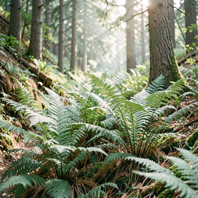 Vertical botanical of tall ferns growing along the side of a forest range