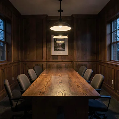 Twilight photo of a wood-paneled seminar room with a long oak table, warm pendan