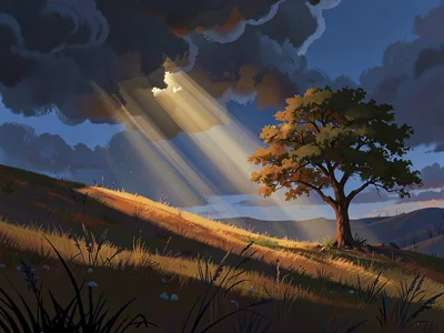 Rolling foothills meadow with parting storm clouds dropping a golden beam onto a