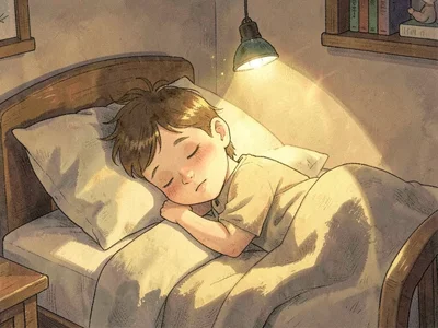 Child sleeping with golden nightlight