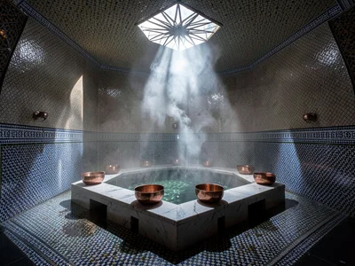 Hammam Marble Platform with Six Copper Bowls
