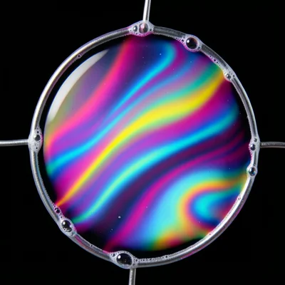 Thin soap film stretched across a circular wire frame, swirling bands of magenta