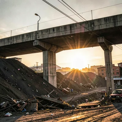 Post-industrial Johannesburg brutalism with harsh flash, Mine dump golden at sun