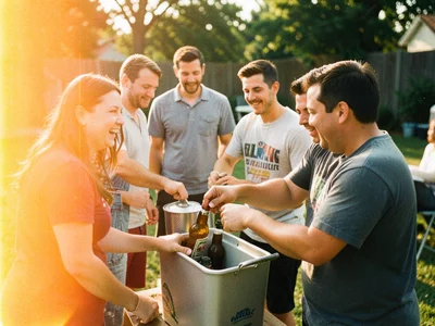 Friends at a backyard barbecue, someone reaching for a beer from a cooler, golde