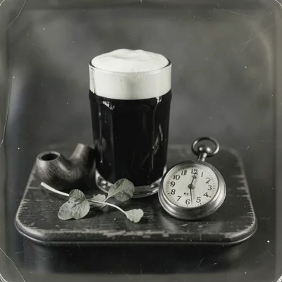 A pint of stout with perfect creamy head on dark wood beside a clay pipe, a wilt