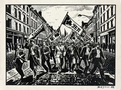 A march of workers carrying trade union banners down a wide Dublin boulevard, bo