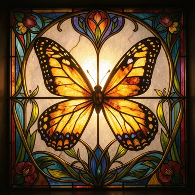 Monarch butterflies in Art Nouveau stained glass composition, warm light through