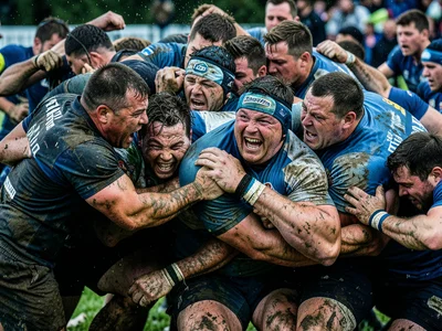 Rugby scrum, packed bodies pushing, mud on jerseys, intensity in faces