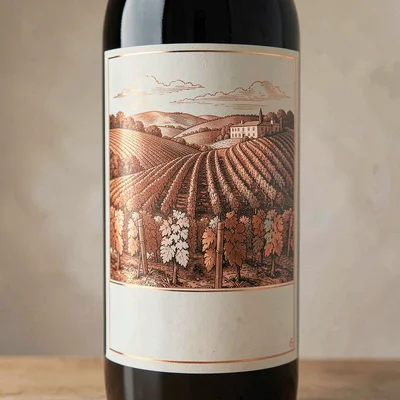 Wine label illustration, Rolling vineyard hills at sunset , elegant estate scene