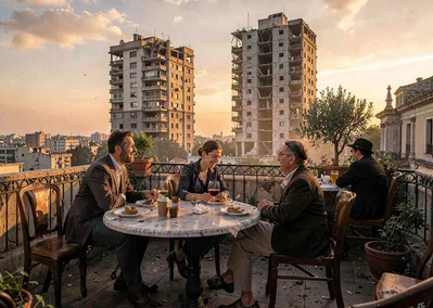 Mediterranean hard light on Beirut's wounded elegance, rooftop bar at sunset, da