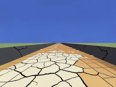 Cracked-mud floodplain spreads in cream and ochre tiles between charcoal banks u