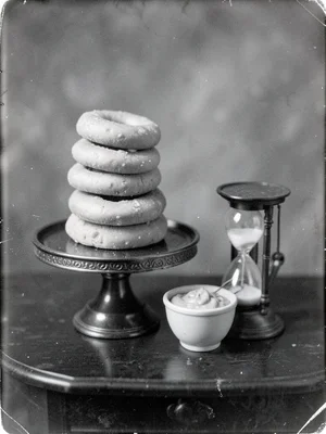 A tower of onion rings on a pewter cake stand beside a ramekin of ranch dressing