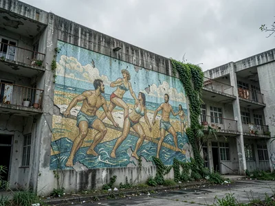 Faded Mosaic Panel of Idealized Soviet Beach-Goers