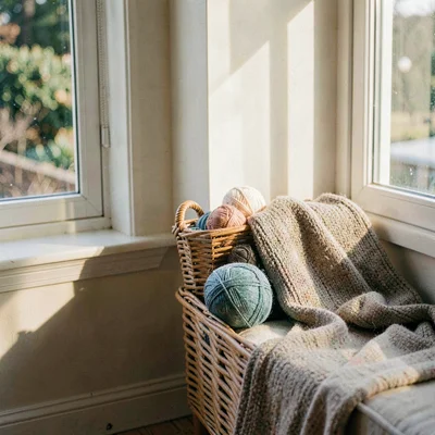 Cozy basket beside a window seat with a few skeins peeking out, slow afternoon