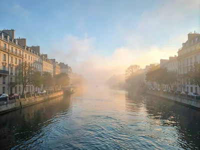 First light warming fog from blue to gold