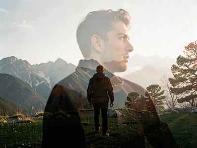 Mountains through walking figure