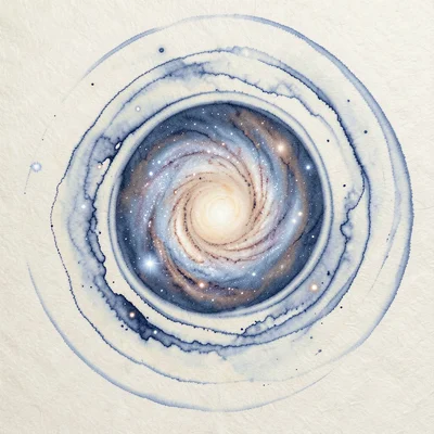 A spiral galaxy seen face-on with arms trailing into delicate ink filaments on c