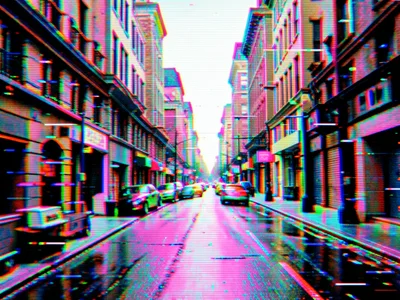 Street scene datamoshed with a completely different video frame's motion vectors