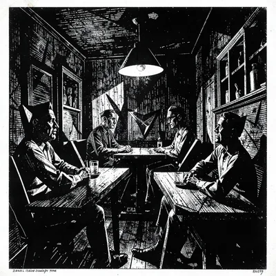 Interior of a dark café, single lamp, figures as angular fragments in shadow