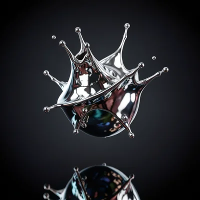 Chrome mercury blob levitating against dark gradient background, perfect mirror 