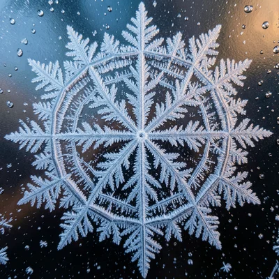 Window frost radiating from a seed point, concentric growth rings of ice crystal