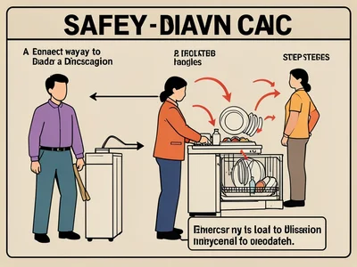 A step-by-step diagram showing the correct way to load a dishwasher with arrows 