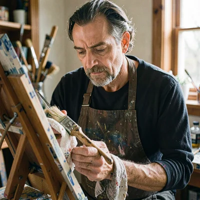 Vertical portrait of a painter wiping a brush on a rag, reflective concentration