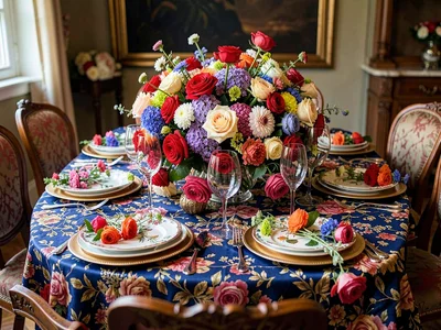 A dining table set for a feast — centerpiece overflowing flowers to every plate 